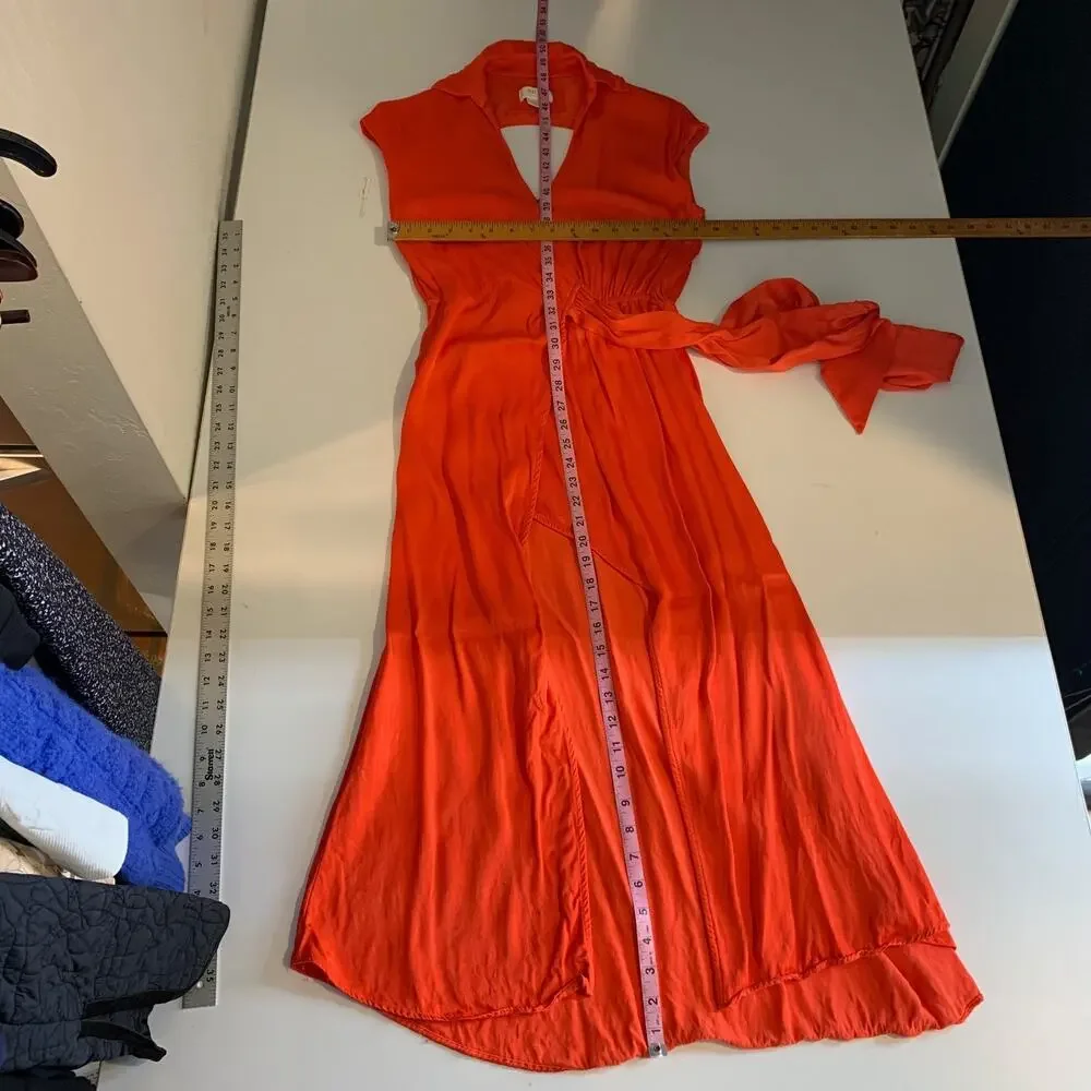 Maeve Dress Womens XS Extra Small Coral Open Back Satin Faux Wrap Tie Waist Midi